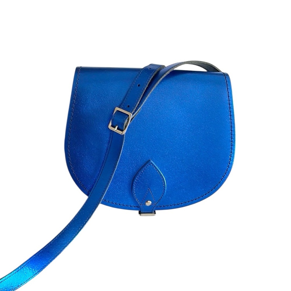 Zatchels Handmade Metallic Leather Blue Saddle Crossbody Bag